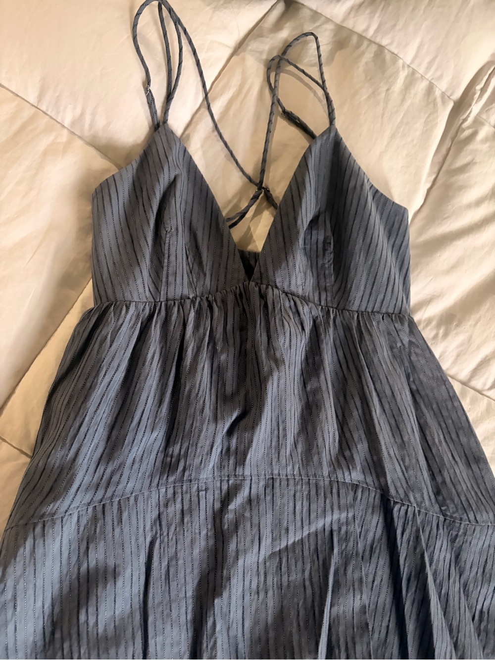 cinq à sept Slate Blue Striped Spaghetti Strap Dress